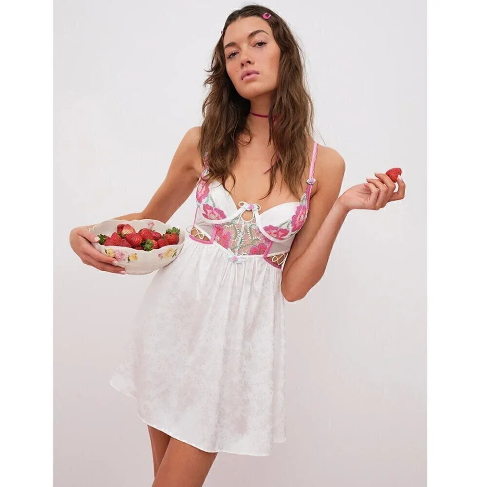 FOR LOVE & LEMONS Festival Floral Slip Dress in White Multi Size XX-Small NWT